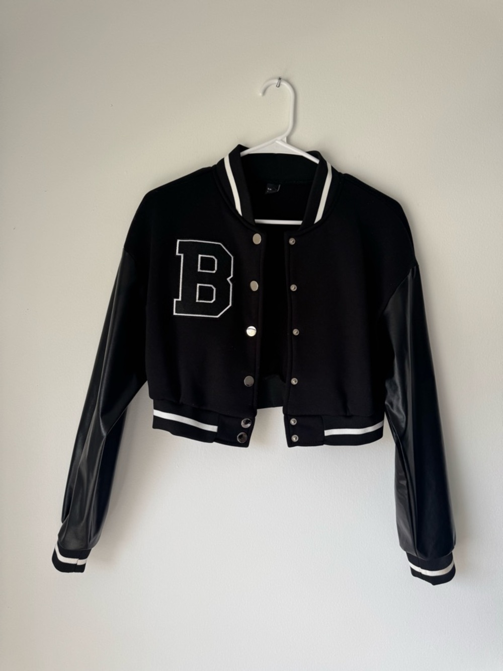 Black Cropped Varsity Jacket with Letter Patch